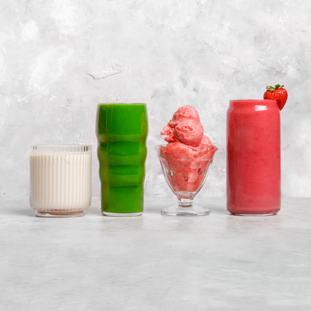 Almond milk, green juice, sorbet, and strawberry smoothie