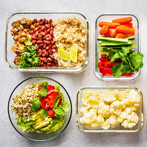 healthy food in glass containers top view