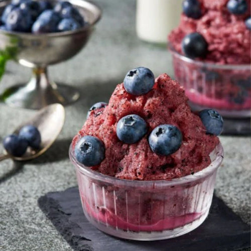 blueberry sorbet in a glass ramekin