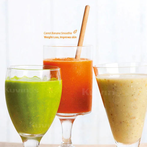 green, orange, and beige smoothies next to each other