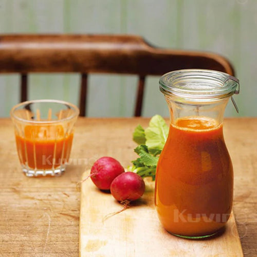Red Vitamin Radish Juice in glass bottle and cup 