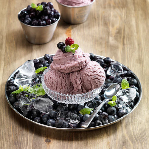 triple berry sorbet in glass bowl on metal plate with ice, blue barries and mints