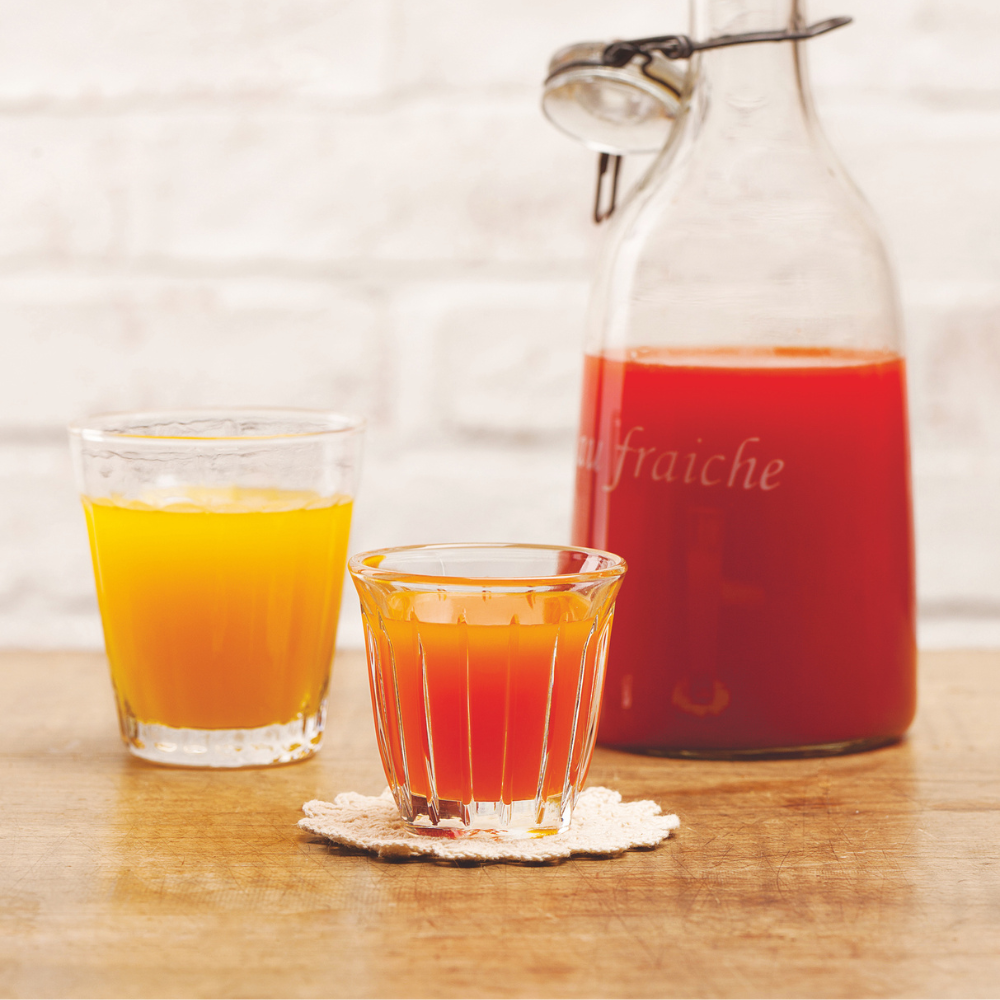 yellow, orange, and red bell pepper juices