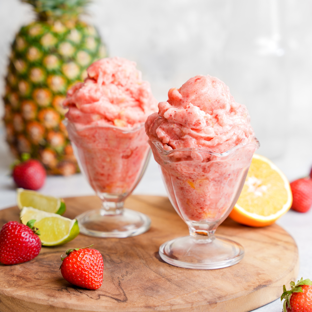 Fruit sorbet made of pineapple, strawberry, orange, and lime