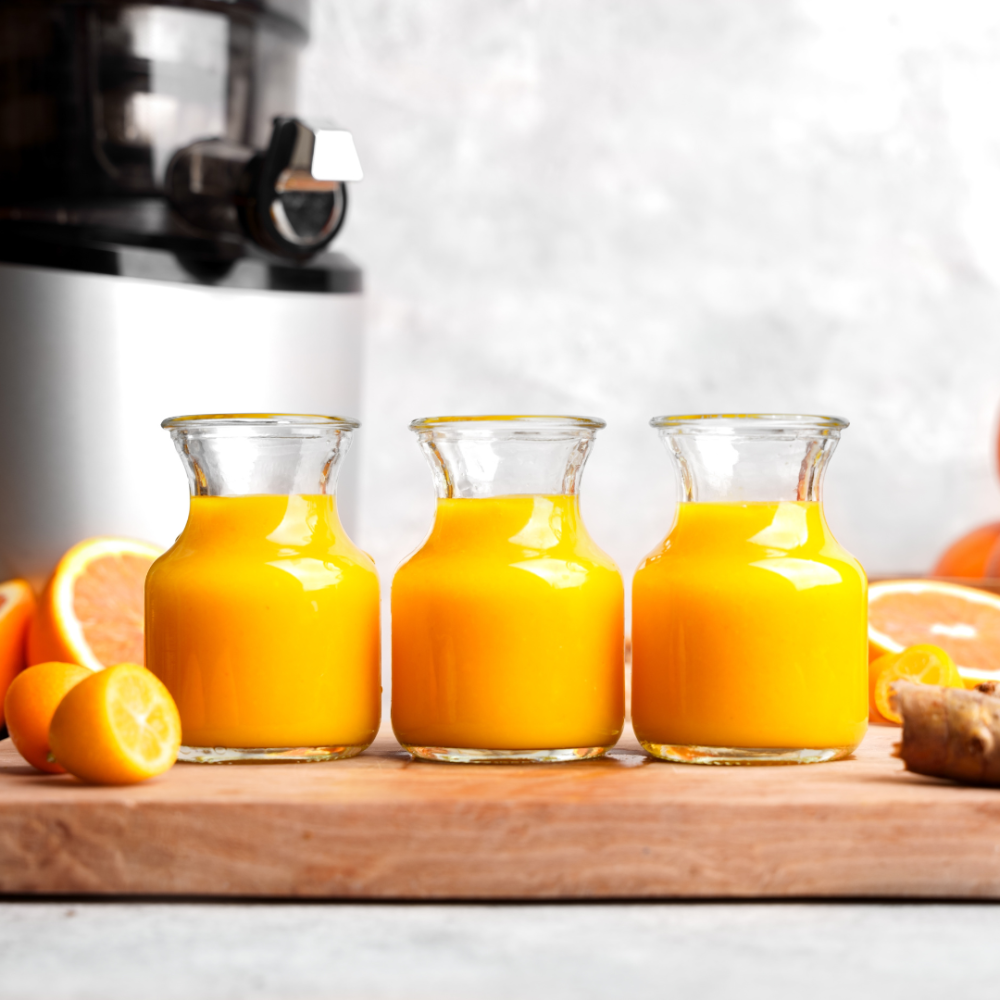 3 juice shots made from oranges, lemons, ginger, turmeric, and kumquats
