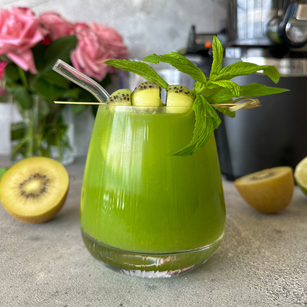 A glass of kiwi mint green juice