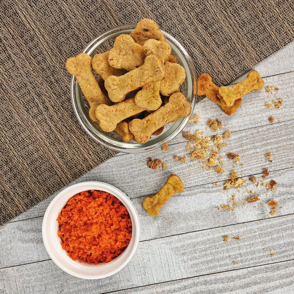 Dog treats made with carrot juice pulp