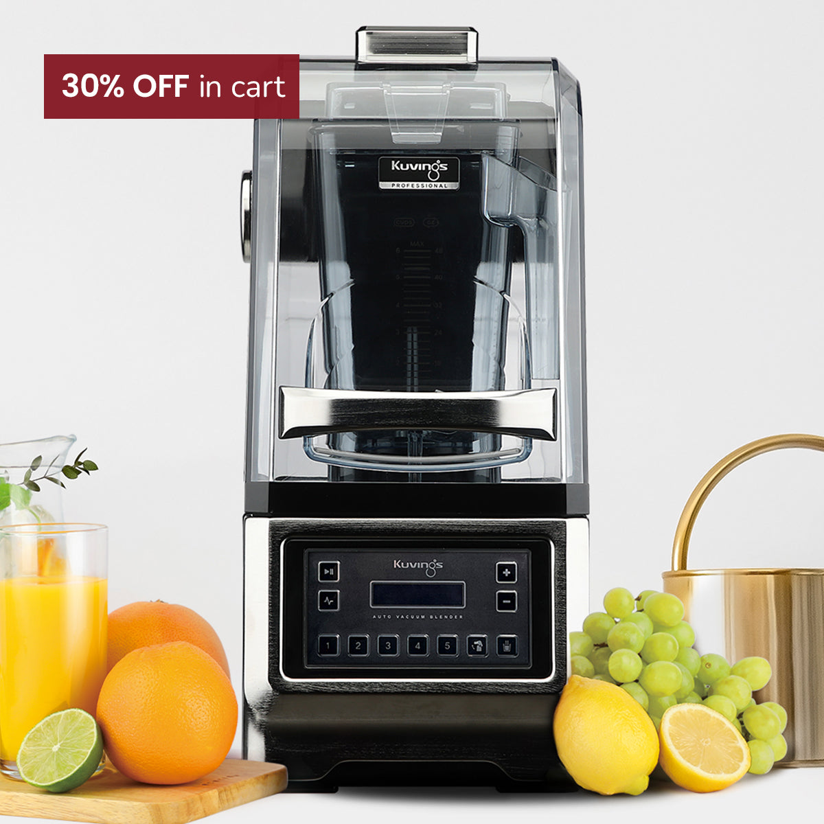 CB1000 Blender with fruits and juice on a white background, featuring a 30% off cart label.