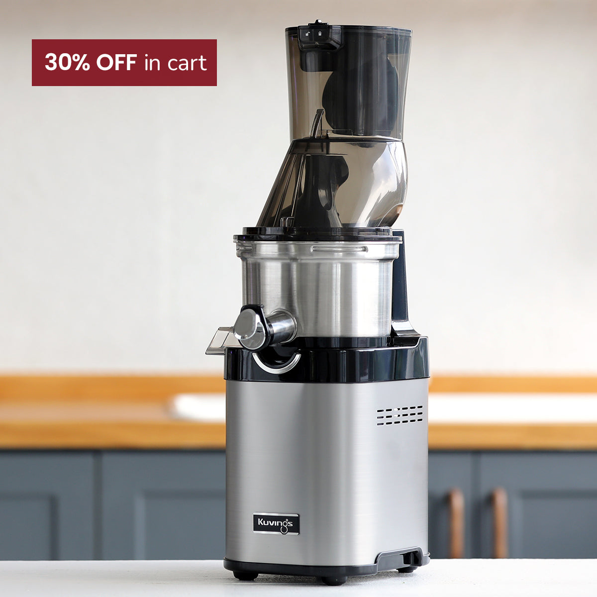 cs7000 juicer on a kitchen counter with a 30% off cart label.