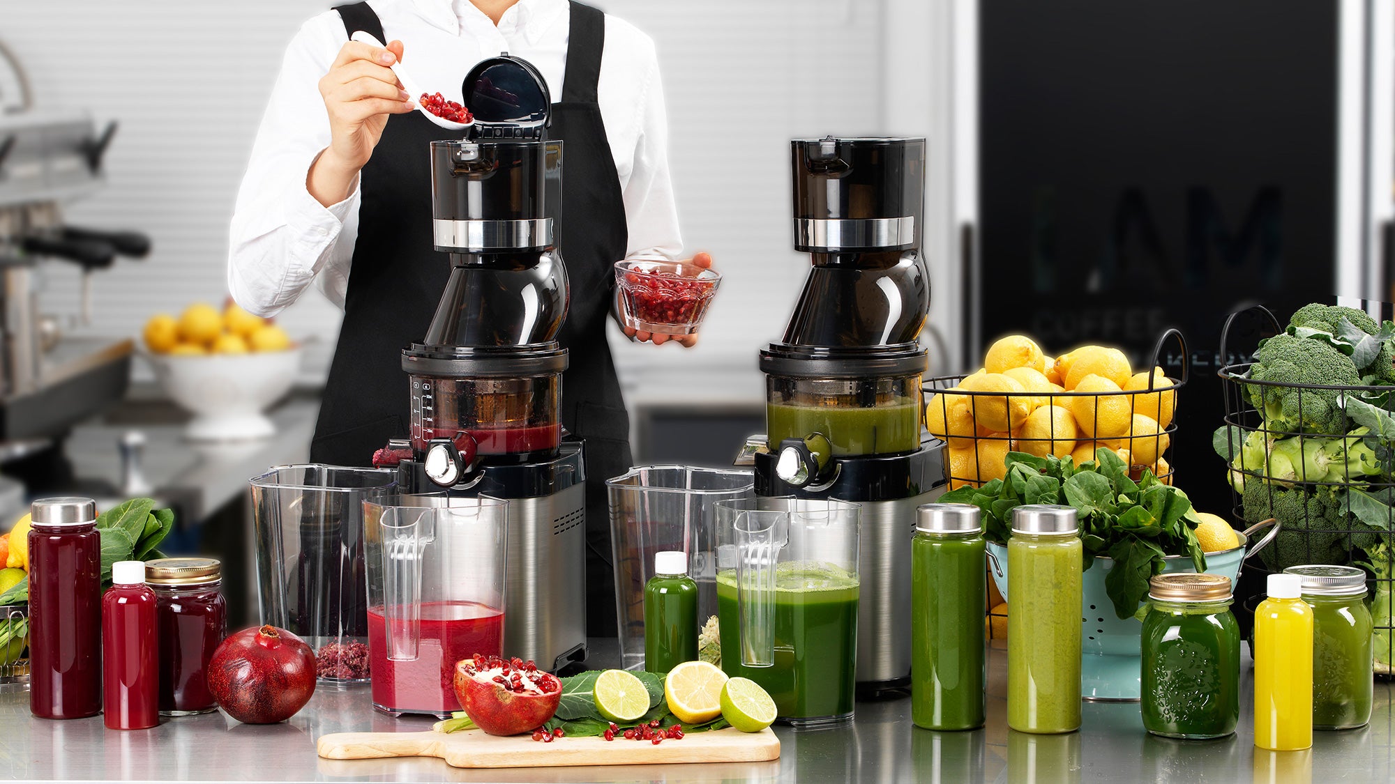 Kuvings whole slow juicer chef in juice bar setting